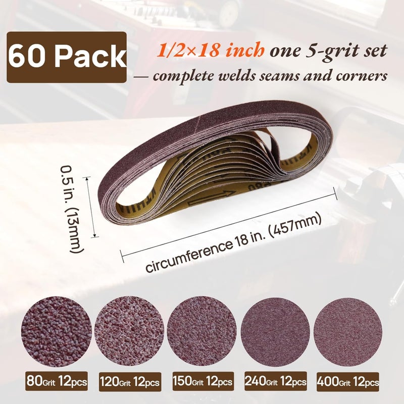KTHUA 1/2x18 Inch Sanding Belts: 60 Pack 80–400 Grit — Precision Butt Joint & Resin-Over-Resin — Stable Tracking for Knife Making Detail Work — Fits 1/2 x 18 Belt Sanders - Image 2